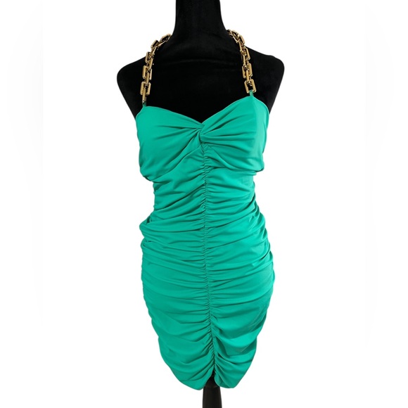 Green Ruched Dress with Gold Chain halter Straps, Large,New - Picture 6 of 6